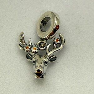 925 Sterling Silver Reindeer Dangle Charm with Amber Crystals – New